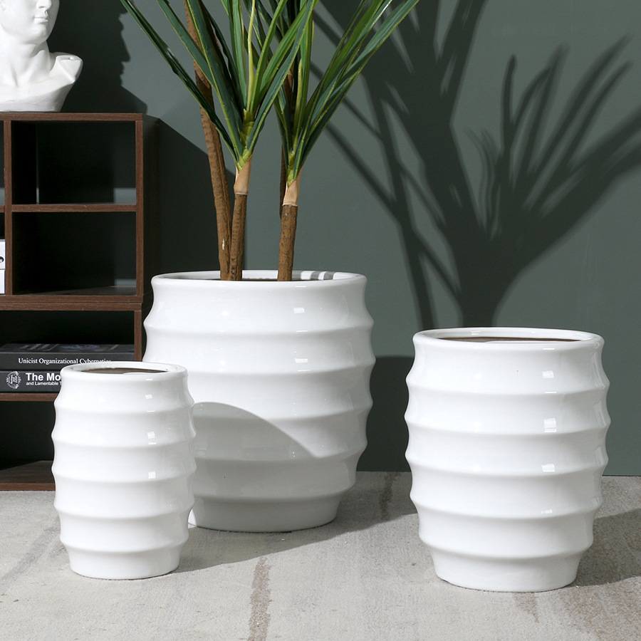 Above 30cm Creative White Large Ceramic Threaded Planter