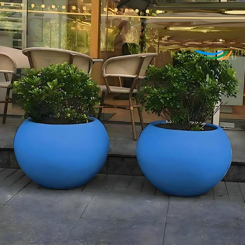 Customized indoor and outdoor hotel shopping mall decoration landscaping round fiberglass flower pot