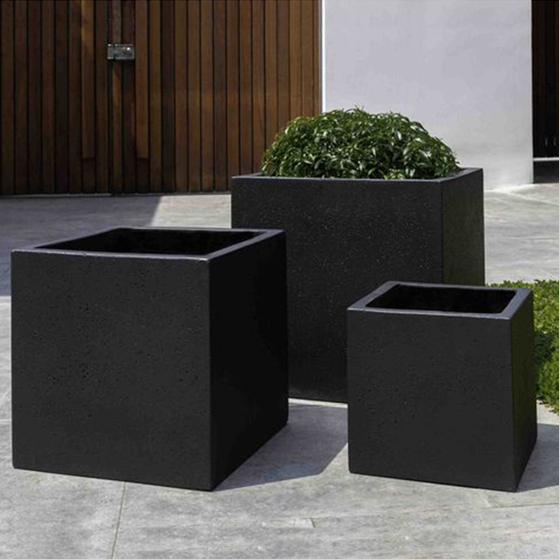 Handmade Vintage Lightweight  Matte Black Fiberstone Square Planter Pot