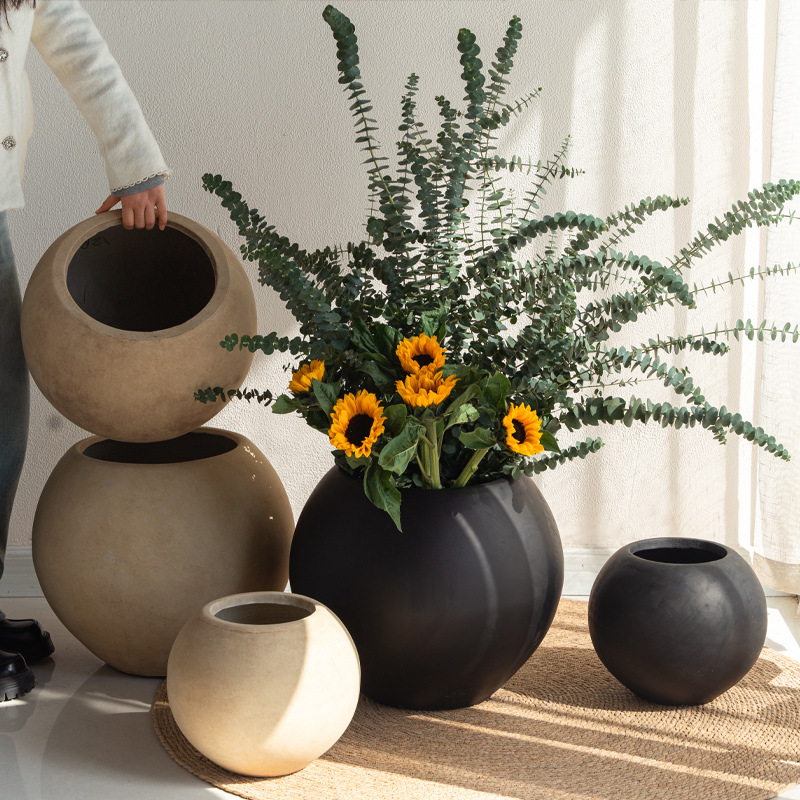 Large Round Cement Planter Indoor Floor Decorative Green Plant Pot Simple Living Room Furniture for B&B Balcony Villa