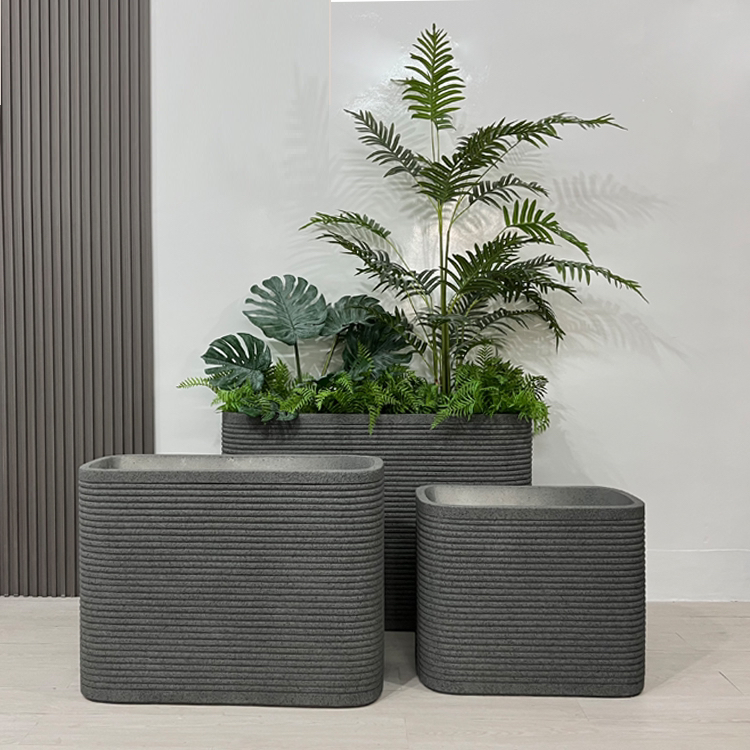 Outdoor Rectangular Fiberglass Flower Pot Sandblasted Horizontal Pattern for Courtyard Floor-Standing Flower Vase