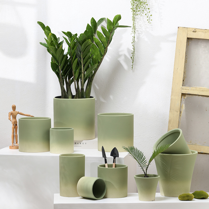  Scandinavian Gradient Olive Green Ceramic Plain Fired Planter with Holes and Tray